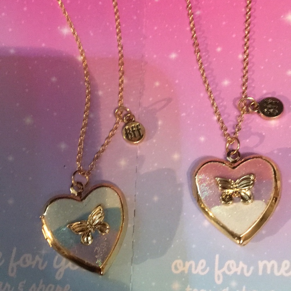 Heart Gold Locket w Butterfy Blue & Pink Glittery